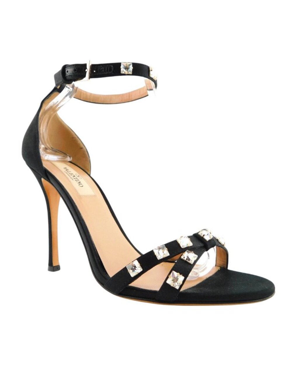 VALENTINO Crystal Rockstud Black Satin Crisscross Ankle Strap Heel Sandals 38
